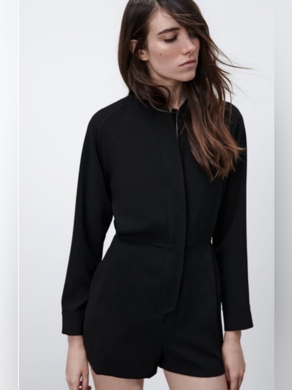 Zara Black Long Sleeve Romper Size Small minimalist front hidden zipper